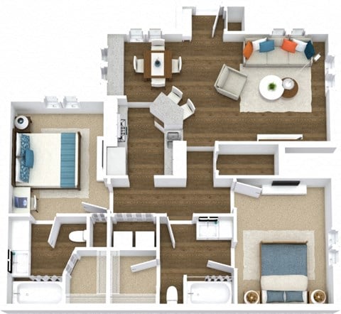Floor plan for 2 beds, 2 baths, 1118 sqft